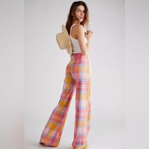 Free People Jules Plaid Wide Leg Pants Multicolor Boho High Rise S 4 Tag missing